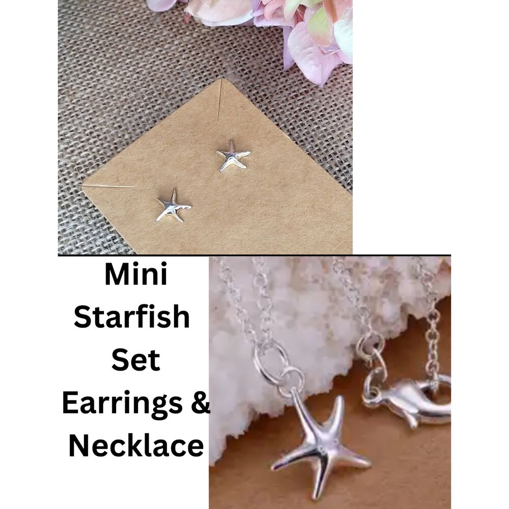 Sterling Silver Earring & Necklace Matched Set Mini Freeform Starfish Nautical